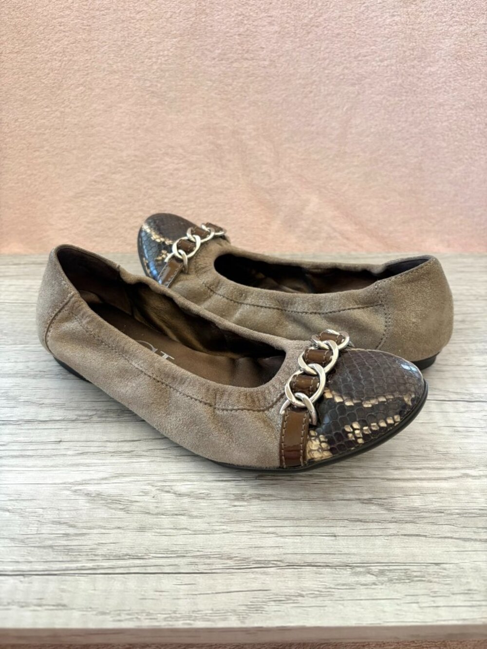 AGL Shimmer Tan Suede Leather Chain Snakeskin Cap Toe Ballet Flat Italy 35.5 5.5